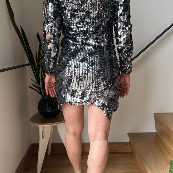Metallic Silver Sequin Cut Out Mini-Dress, Size XS/S - Picture 5 of 8